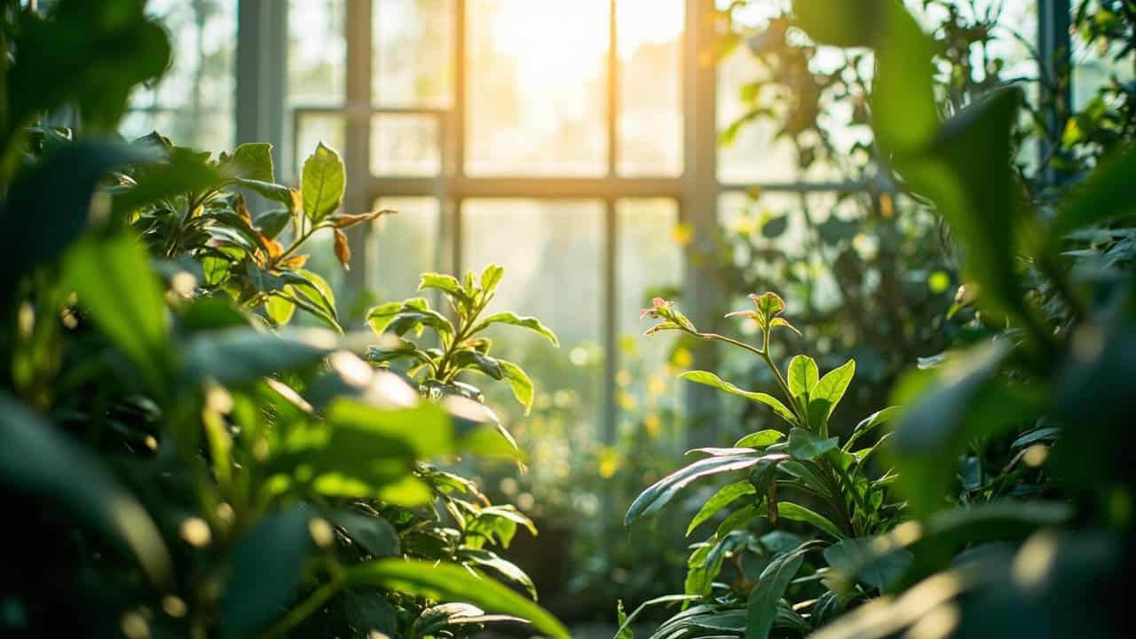 natural light streaming through greenhouse glass surrounded by thriving tropical greenery