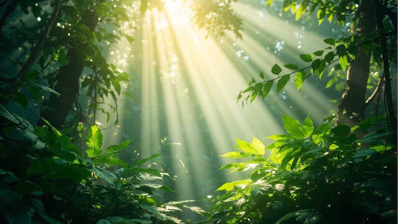 serene morning scene with soft sunlight filtering through tropical forest canopy, highlighting lush green foliage and mist