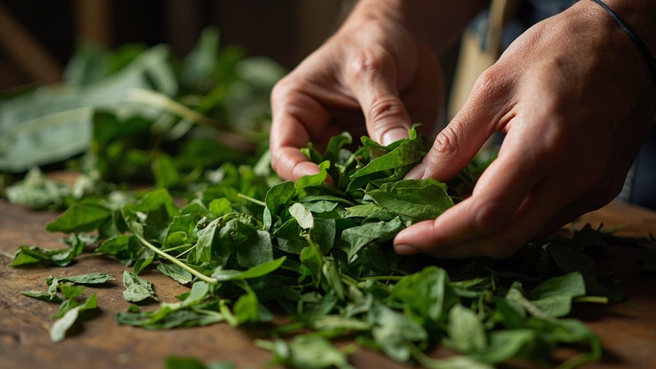 hands carefully sorting fresh bright green *kratom* leaves on a traditional wooden surface, showing the artisanal nature of quality *kratom* preparation