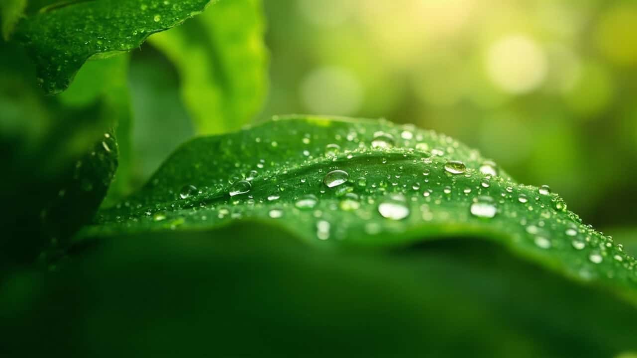 close-up of lush green tropical leaves with morning dew drops and soft natural light