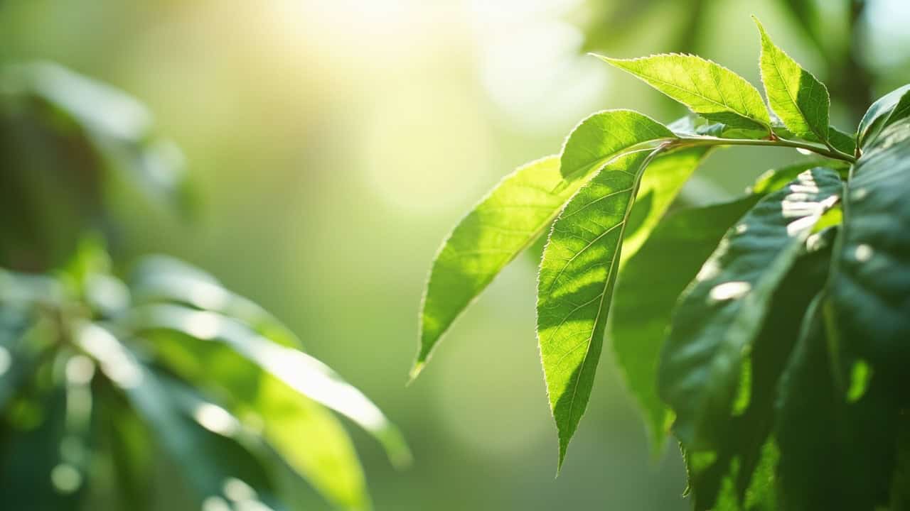 serene botanical illustration of a tropical tree with broad leaves in soft natural lighting