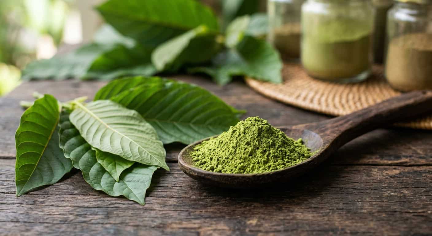 a pile of finely milled bright green kratom powder resting on a dark wooden spoon next to fresh tropical leaves