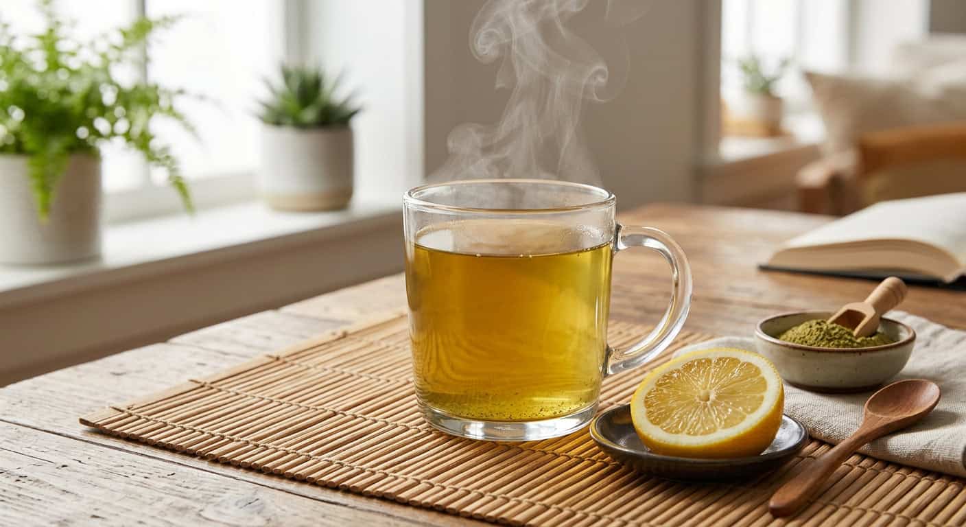 a steaming glass mug of golden-green herbal tea sitting on a bamboo mat with a slice of fresh lemon