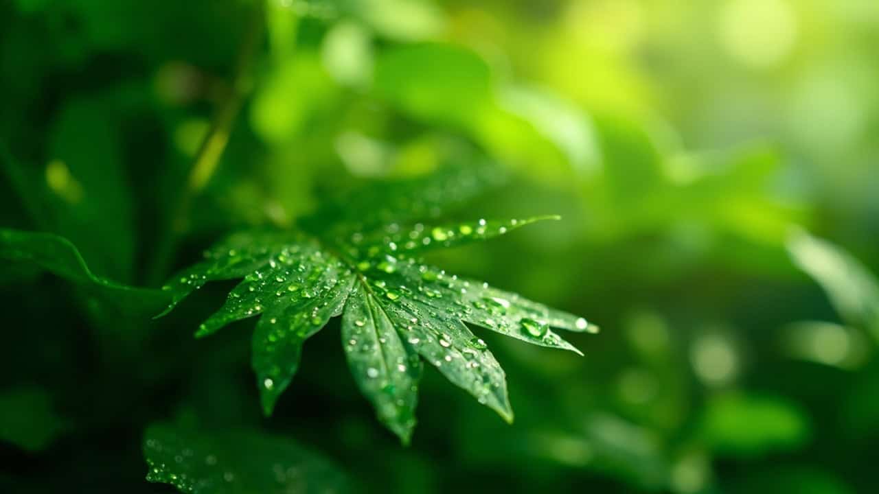 close-up of lush green tropical leaves with morning dew drops and soft natural light