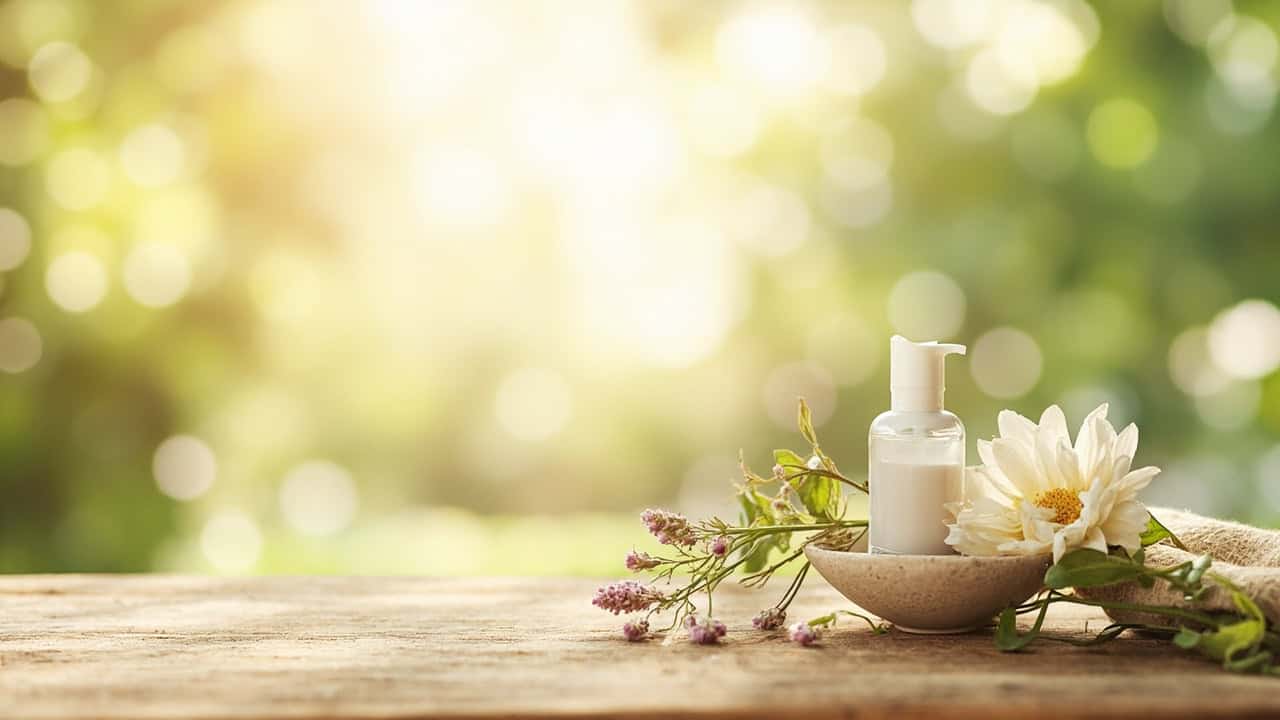 calm wellness setting with natural lighting and botanical elements arranged on a clean wooden surface