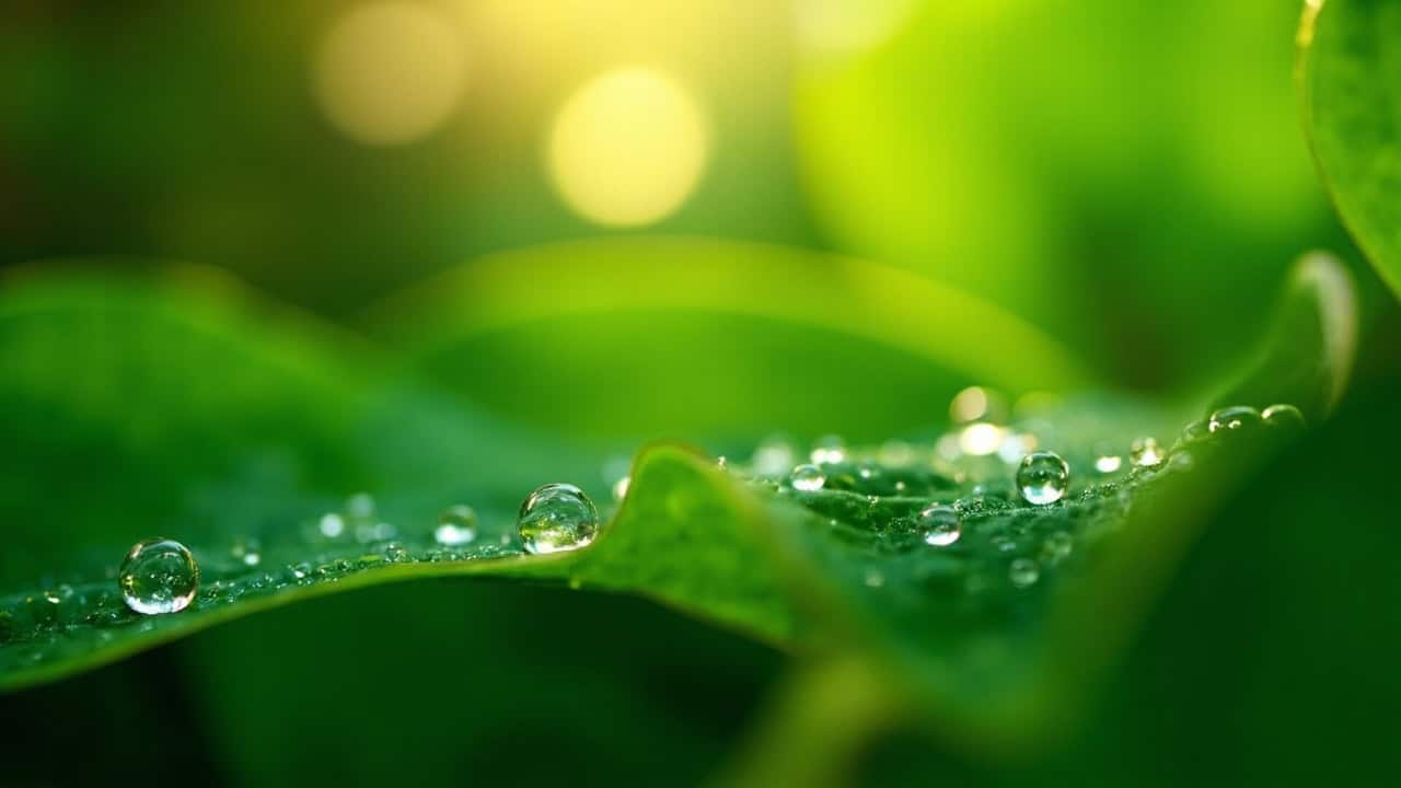 close-up of lush green tropical leaves with morning dew drops and soft natural light