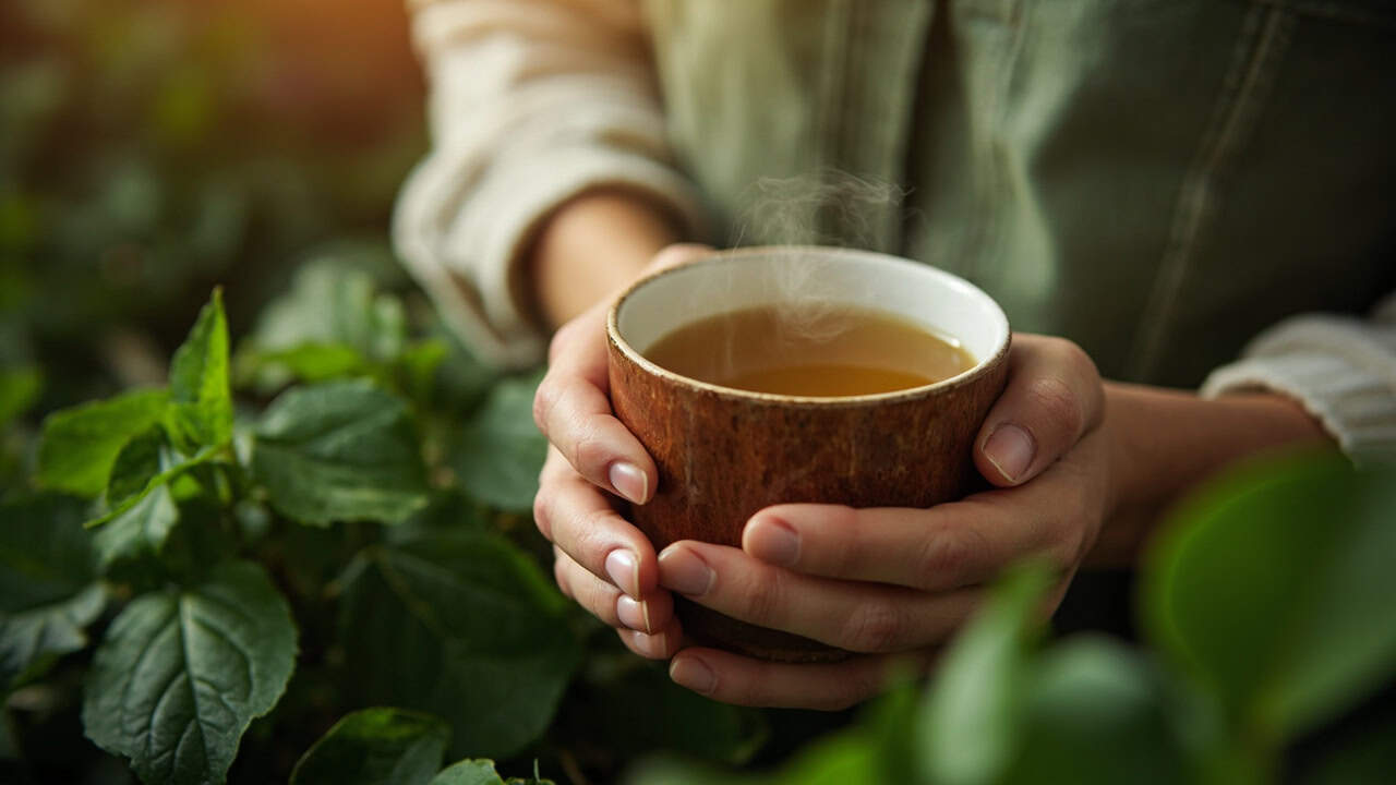 hands holding a ceramic mug with steaming herbal tea surrounded by fresh green leaves