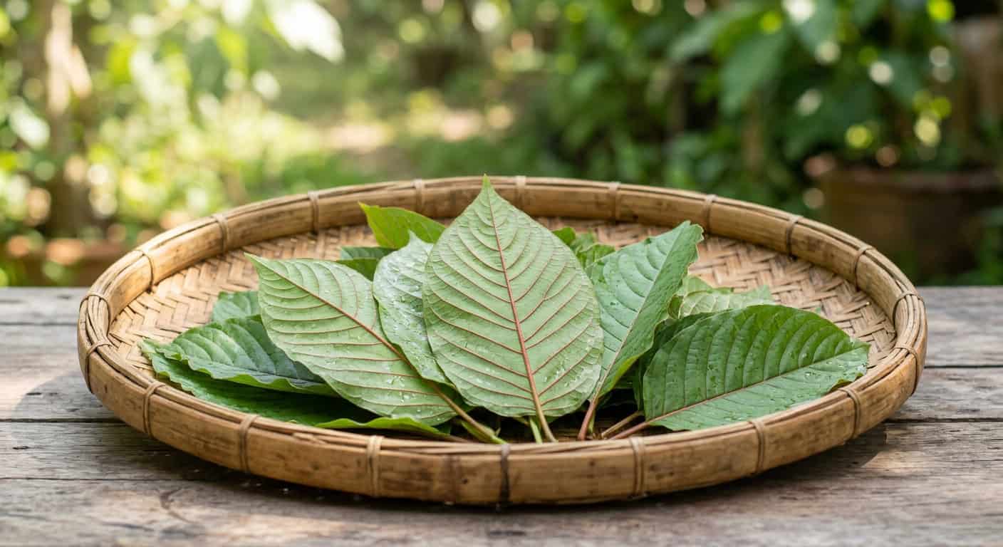fresh mature kratom leaves with distinct reddish veins resting on a woven bamboo basket
