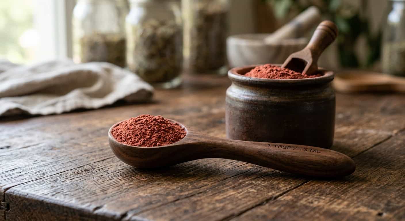 fine red kratom powder neatly scooped onto a dark wooden measuring spoon