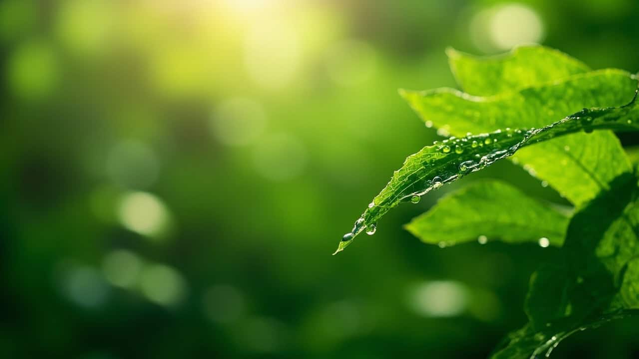close-up of lush green tropical leaves with morning dew drops and soft natural light