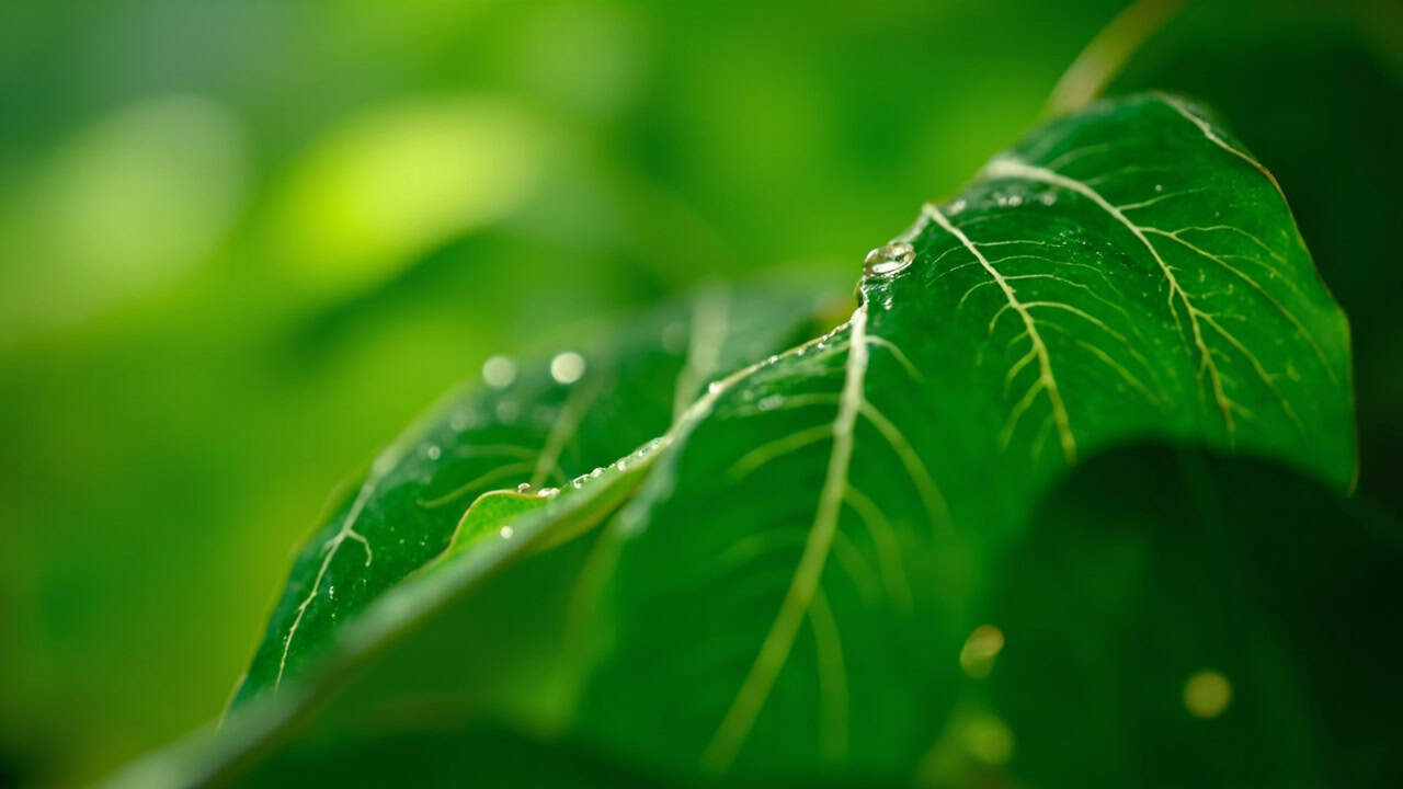 close-up of fresh green Kratom leaves with visible white veins glistening with morning dew in soft natural lighting