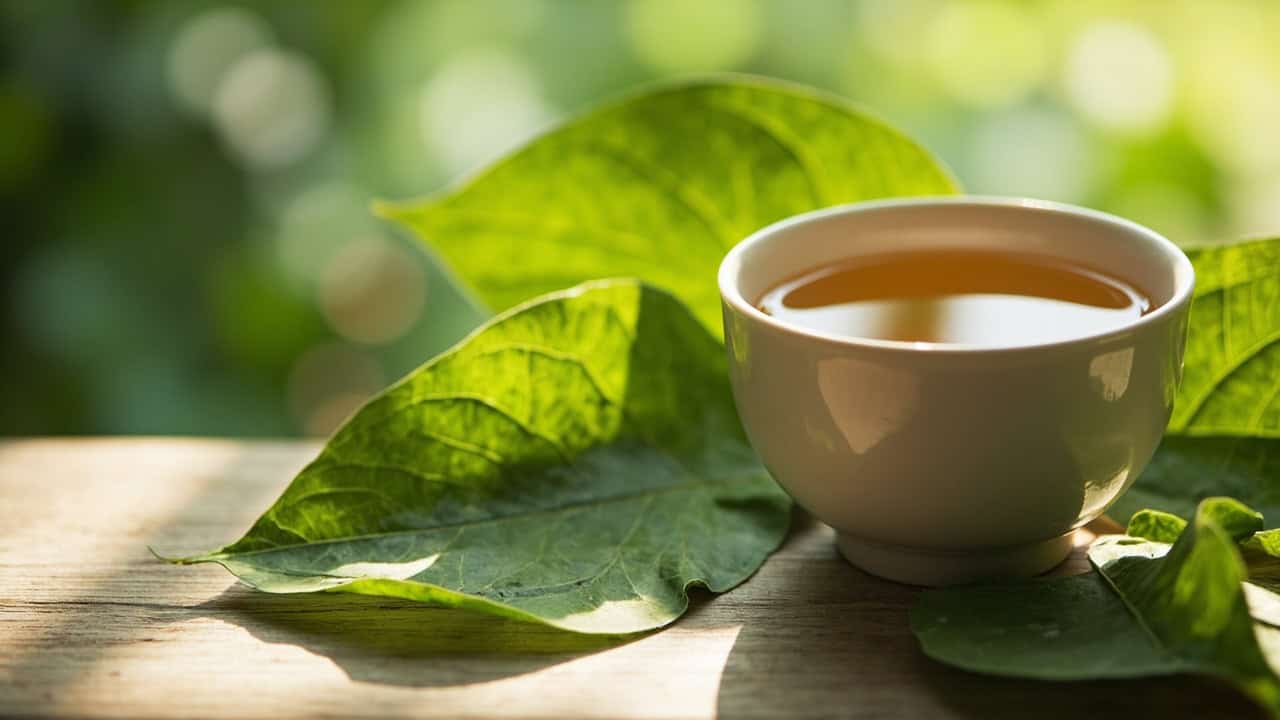 serene botanical setting showing Kratom leaves arranged artfully alongside a ceramic cup of tea with soft natural window lighting