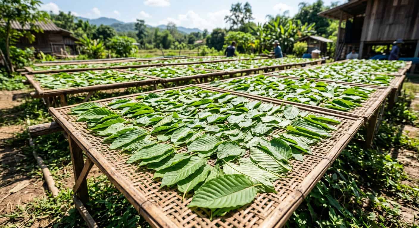 Fresh green kratom leaves laid out on large woven bamboo drying racks under the bright sun