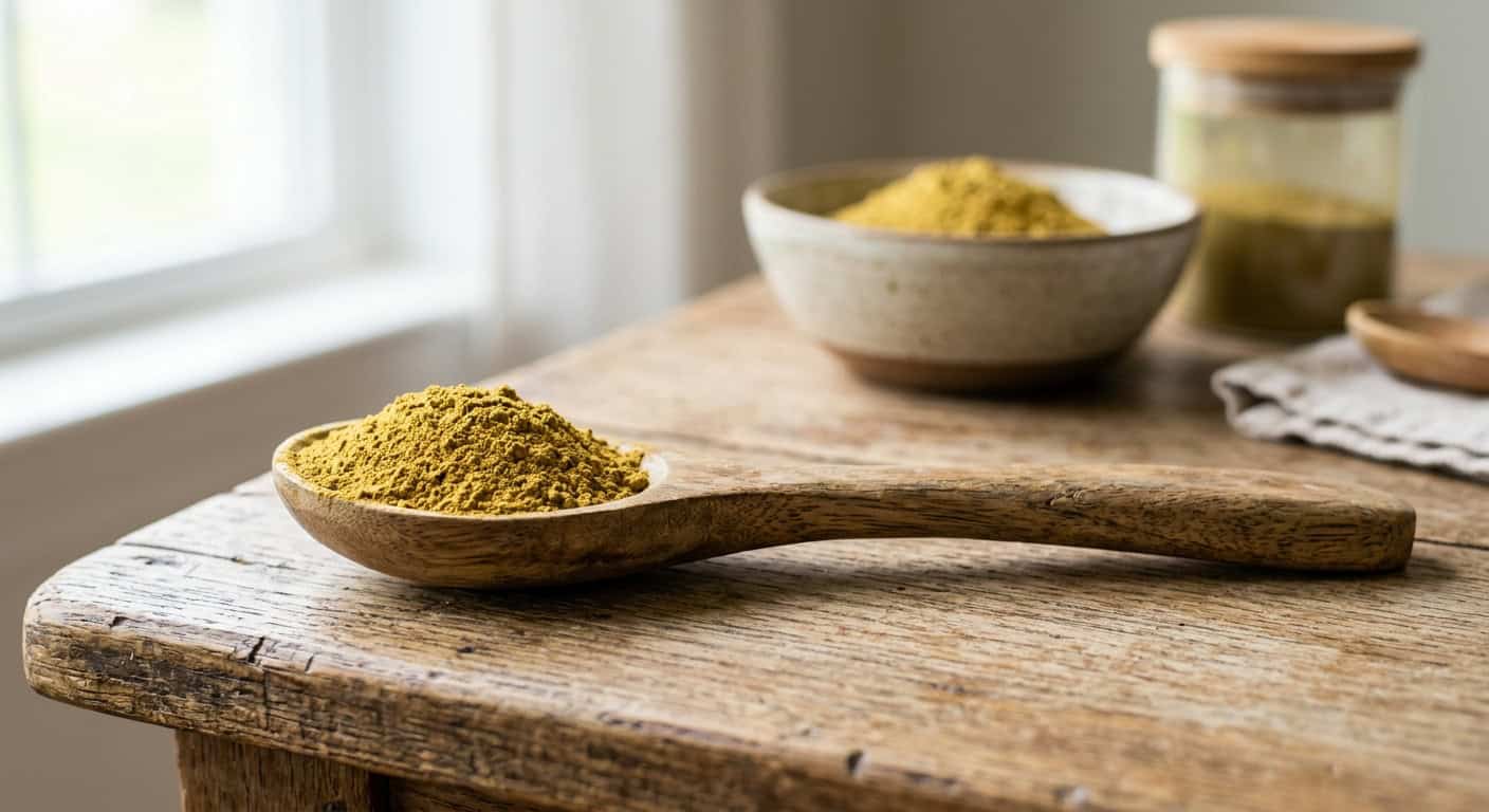 A wooden spoon resting on a rustic table, filled with finely ground, golden-yellow kratom powder