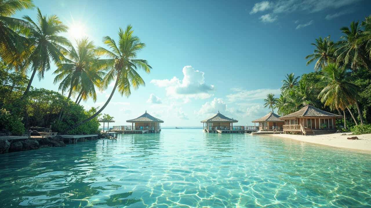 a serene tropical island landscape with palm trees, crystal clear ocean water, and traditional wooden structures by the shore