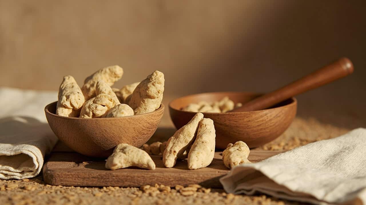 a handsomely arranged scene showing dried kava root pieces alongside traditional preparation tools including a wooden bowl and straining cloth, with soft natural lighting