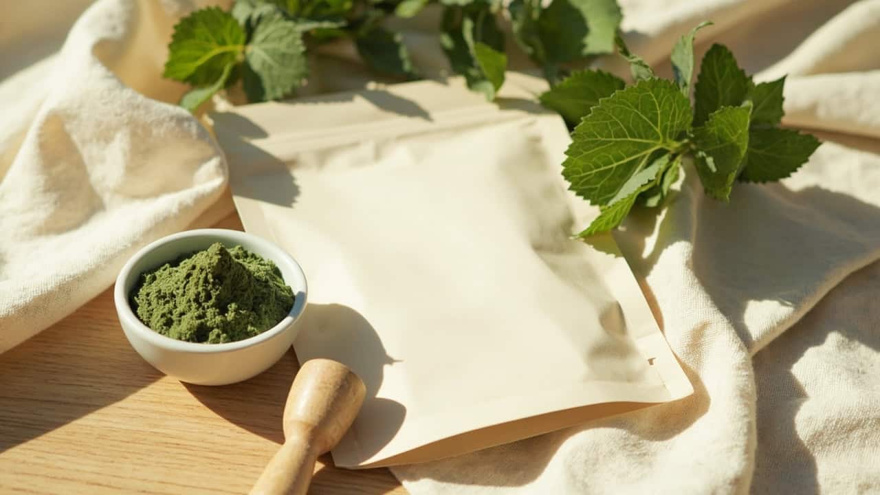 Lab-tested kratom powder and a sealed pouch, representing quality kratom available in Ontario